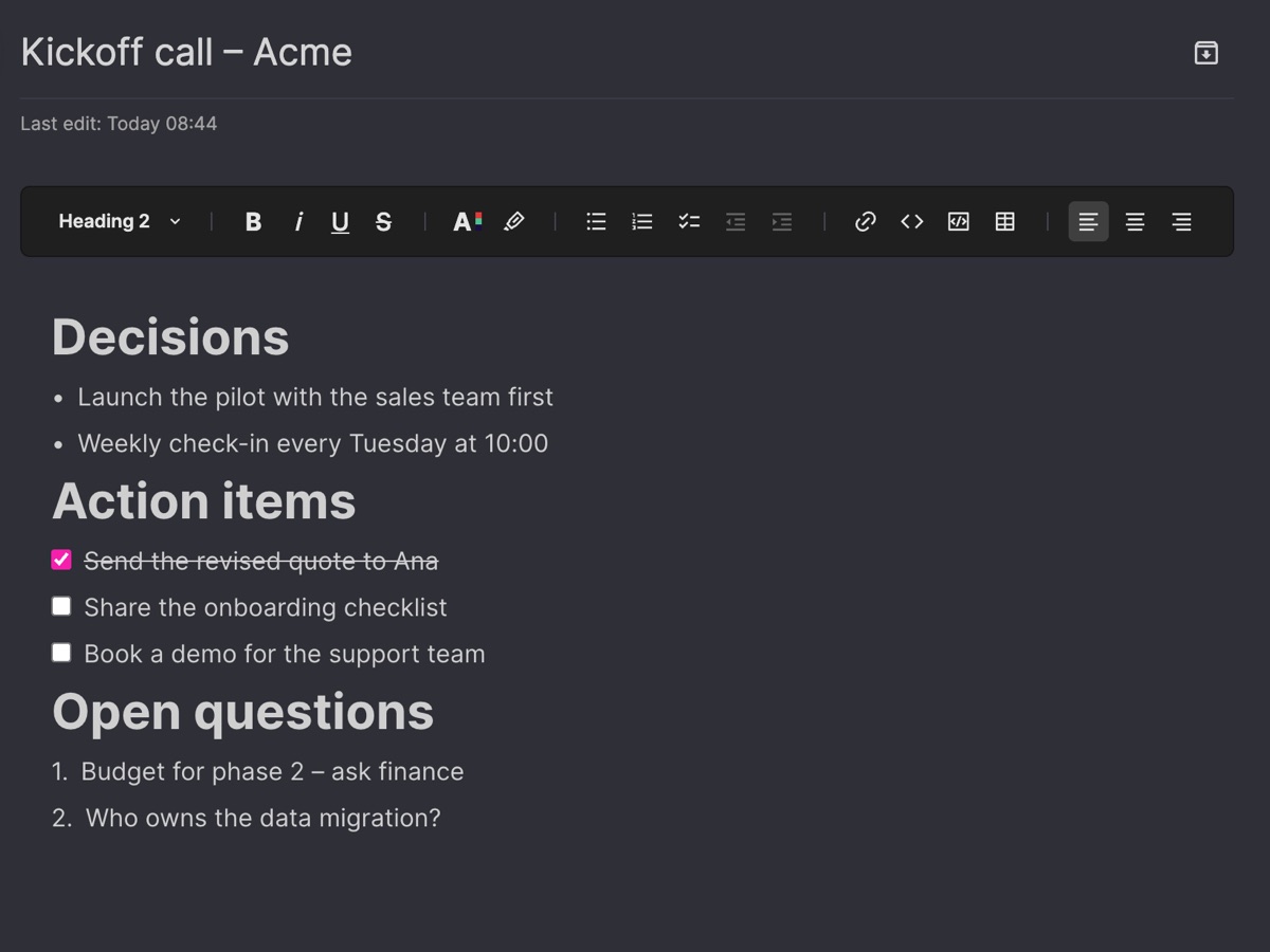 A meeting note in Quill Note with decisions, action items and open questions