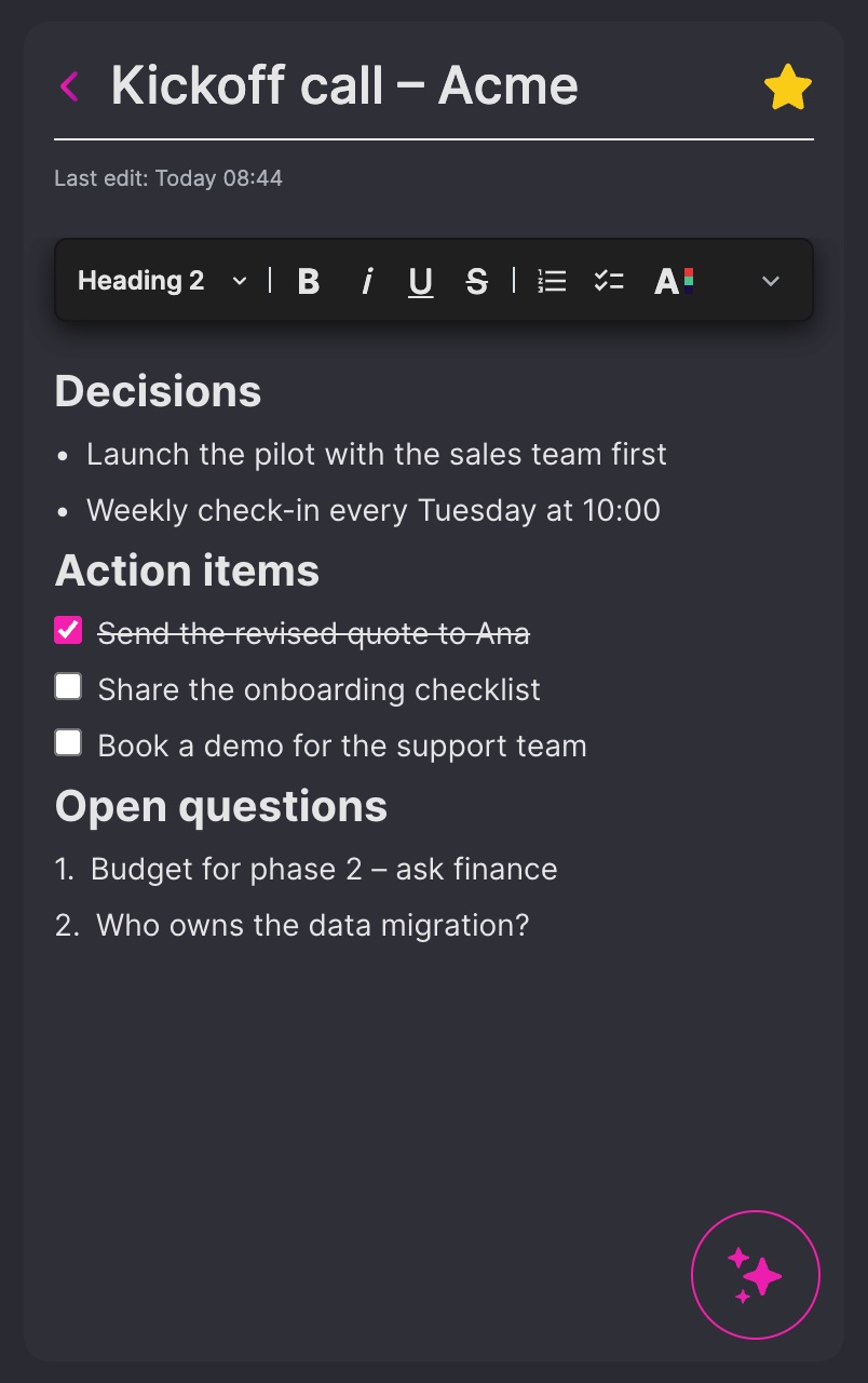 Quill Note Float Mode: a small notes window that stays on top of your meeting